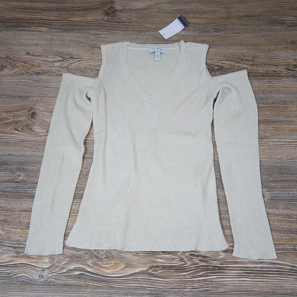 sofia by sofia vergara Tops - Sparkly Ribbed V Neck Long Sleeve Cold Shoulder Lightweight Fitted Sweater Top